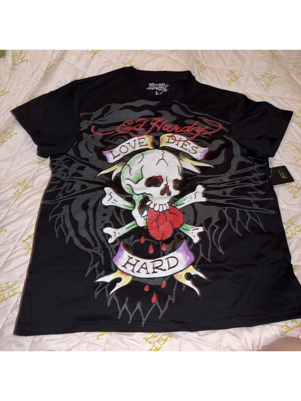 Ed Hardy Tee Shirt "Love Dies Hard" Men’s Sz Large L Graphic Black Cotton